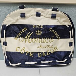 Cannes French Riviera Tote Beach Bag Large Blue & White Waterproof w/ Zippers